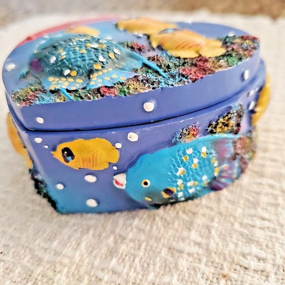 Colorful Hand Painted Heart Shaped Tropical Fish Trinket Box Ceramic 3D Fish - Picture 3 of 8